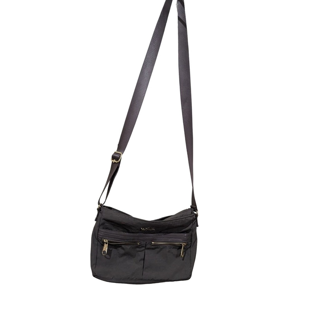 Kipling Crossbody Bag Nylon Taupe Brown Gold Tone Hardware Multi Pocket Shoulder